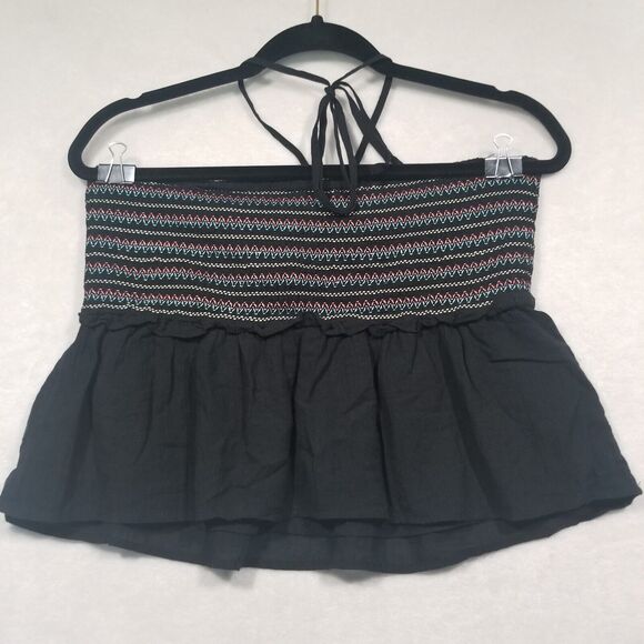 American Eagle Medium Smocked Peplum Hem Bandeau Crop Tube Top Black Multicolor - Picture 10 of 11